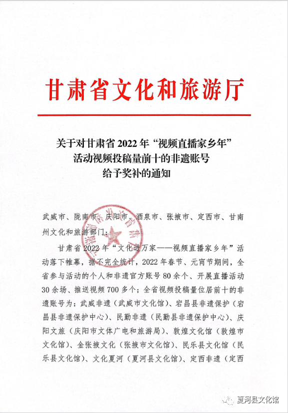 夏河县文化馆官方账号被甘肃省文旅厅评为“2022年视频直播家乡年”活动中视频投稿量前十的非遗账号