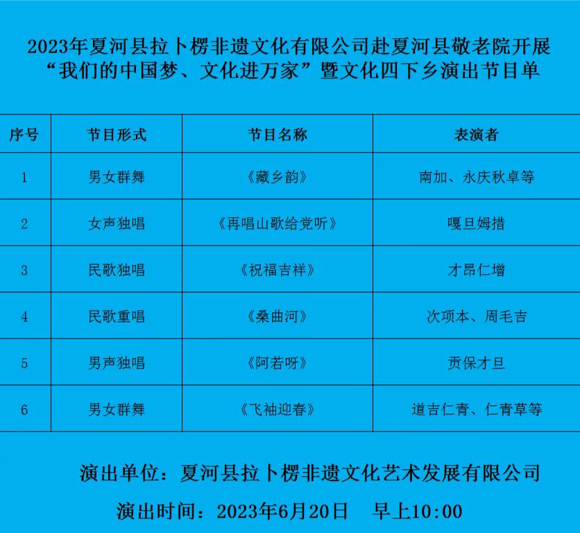 【三抓三促进行时】夏河县拉卜楞非遗文化艺术发展有限公司赴敬老院开展文化下乡慰问及演出活动预告